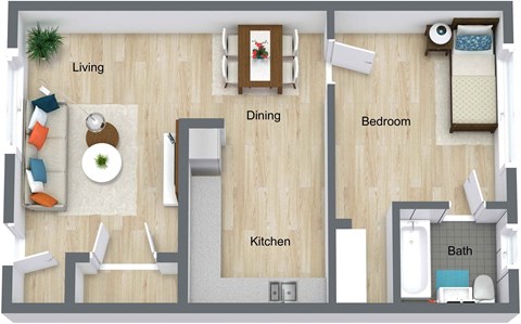 Floor plan for 1 bed, 1 bath, 750 sqft